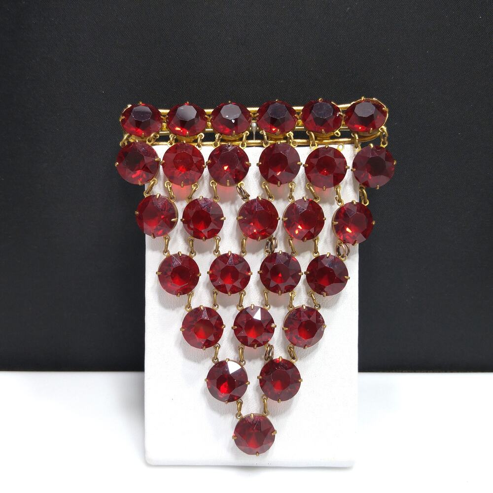 Vintage Red Rhinestone Dangle Brooch Triangle Open Back 1940s